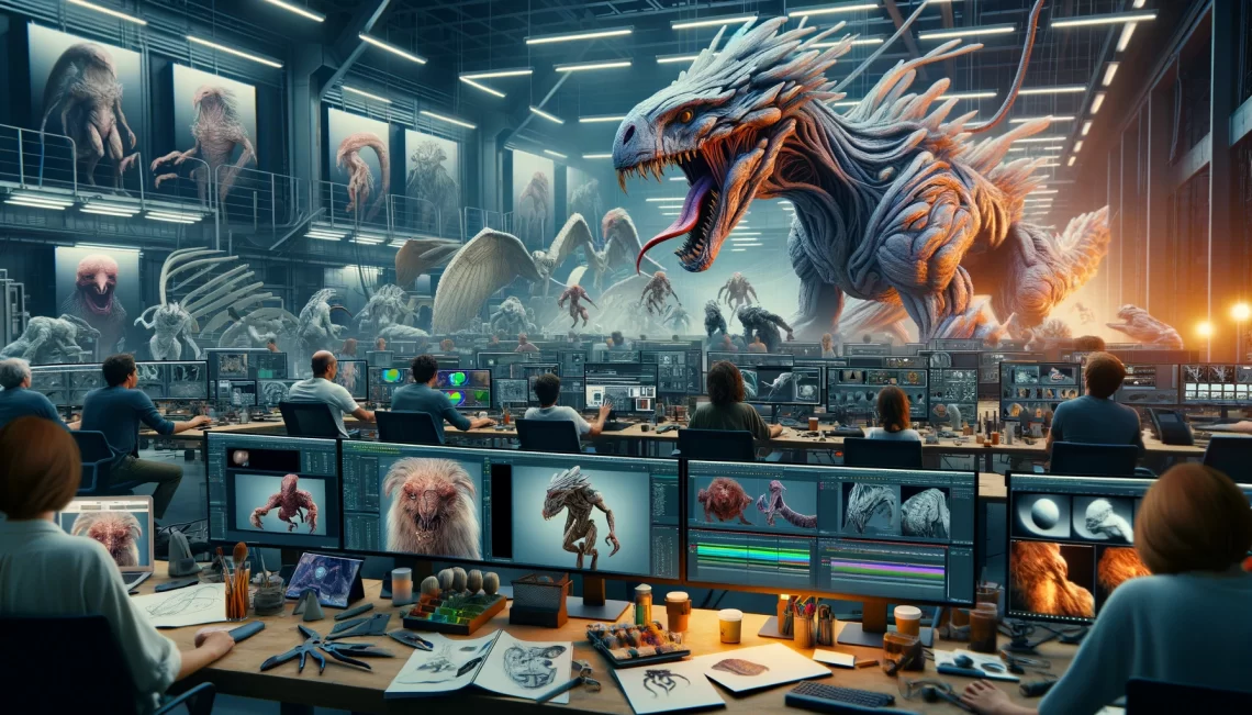 DALL·E-2024-05-30-16.05.27-An-image-depicting-the-process-of-creating-creature-effects-in-VFX.-The-scene-features-a-high-tech-studio-with-artists-and-technicians-working-on-adva